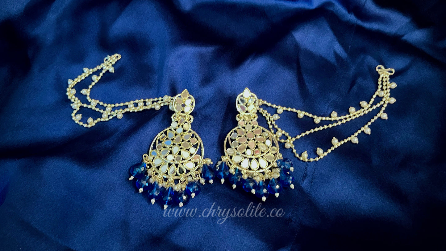 Blue Beaded Circular Kundan Earrings