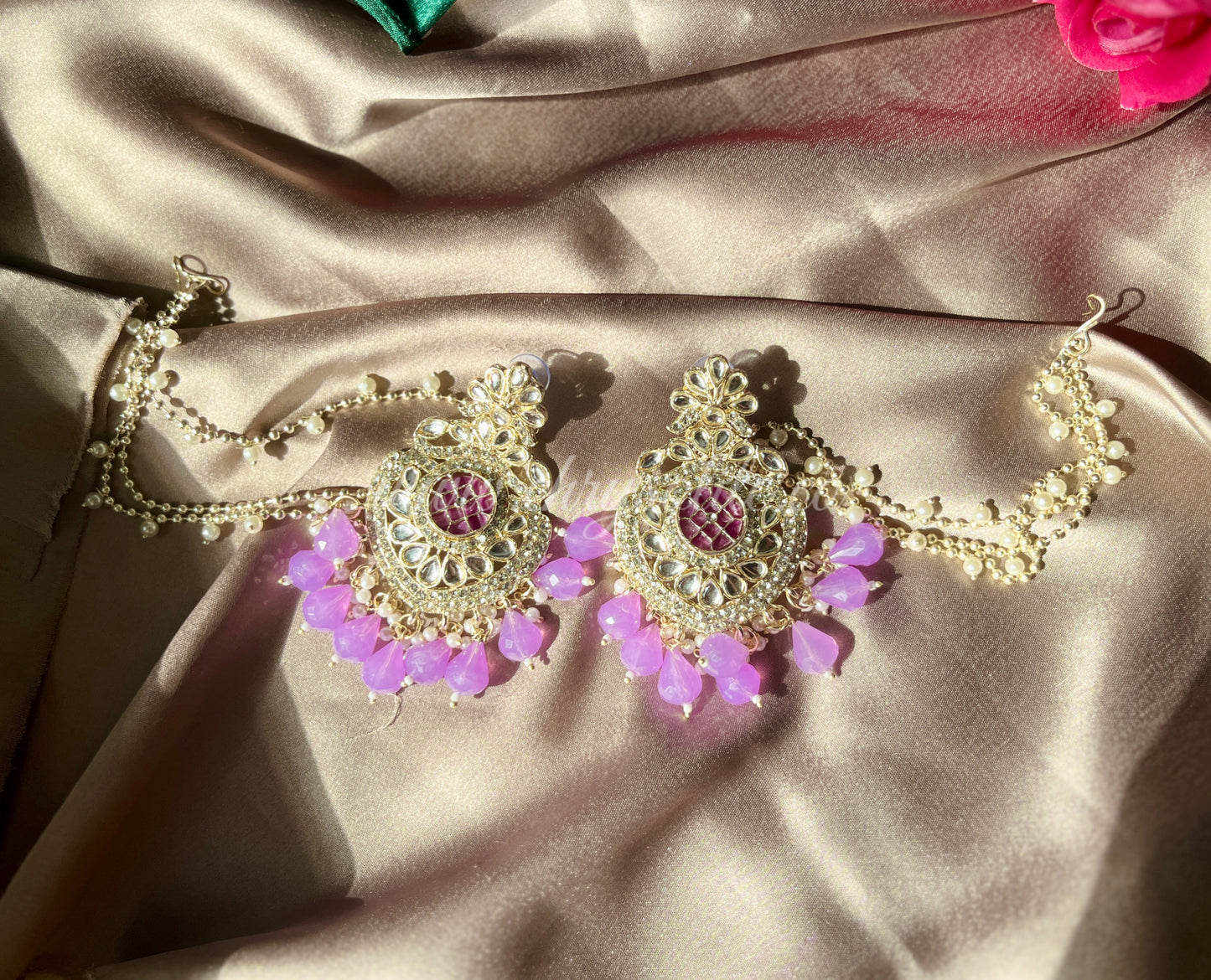 Lavender Marble Kundan Earrings with Chains