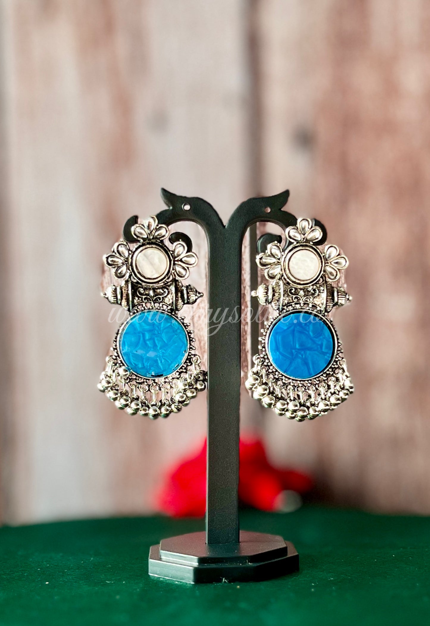 Marble and Kundan Oxidised Silver Earrings