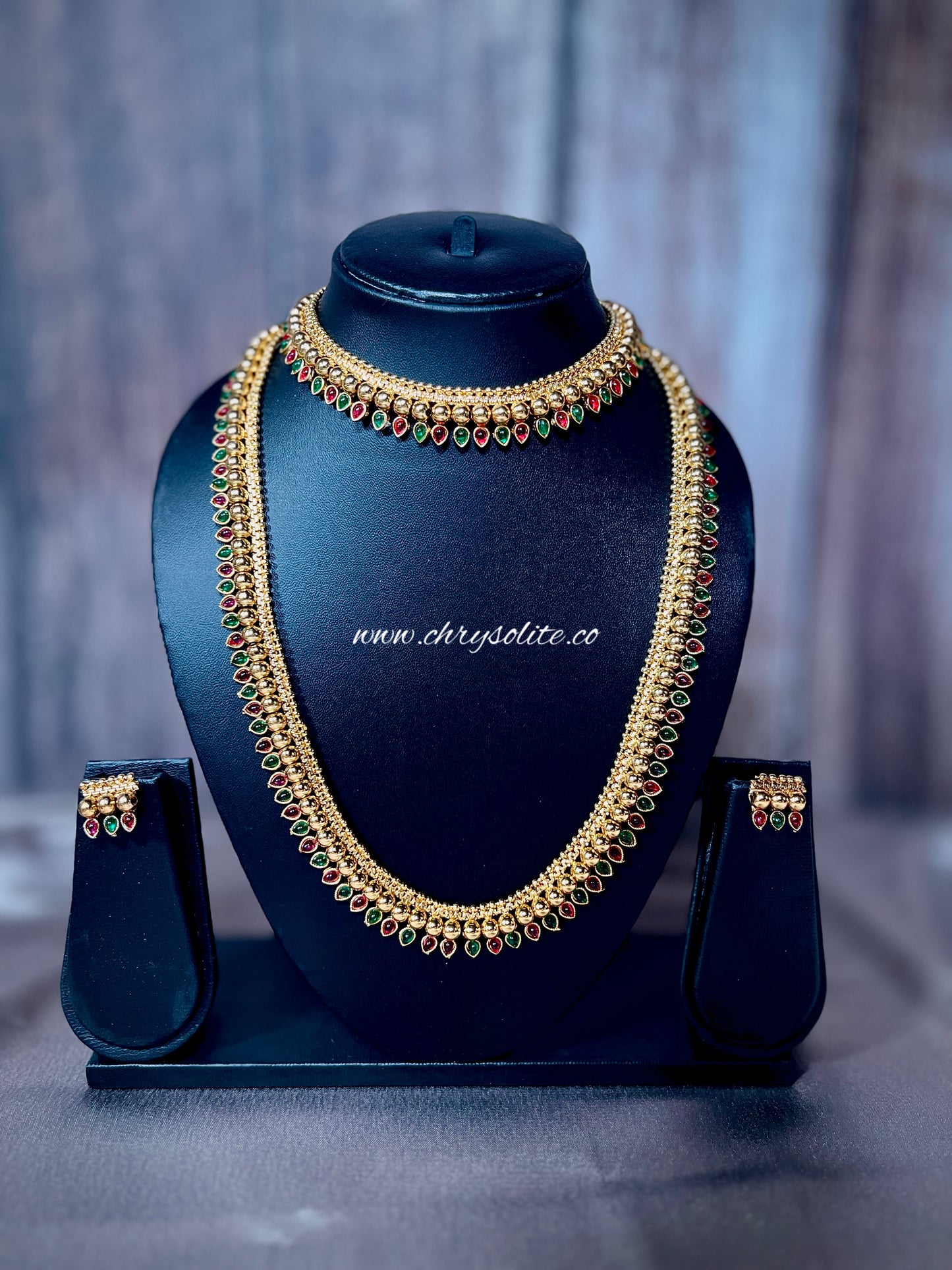 Marathi Saaz Gold Choker with Necklace and Stud Earrings with Ruby and Emerald Stones