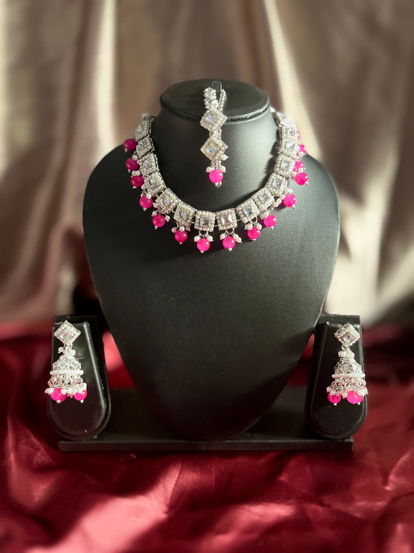 Mirror Stone Fuschia Pink Beaded Necklace with Jhumkas