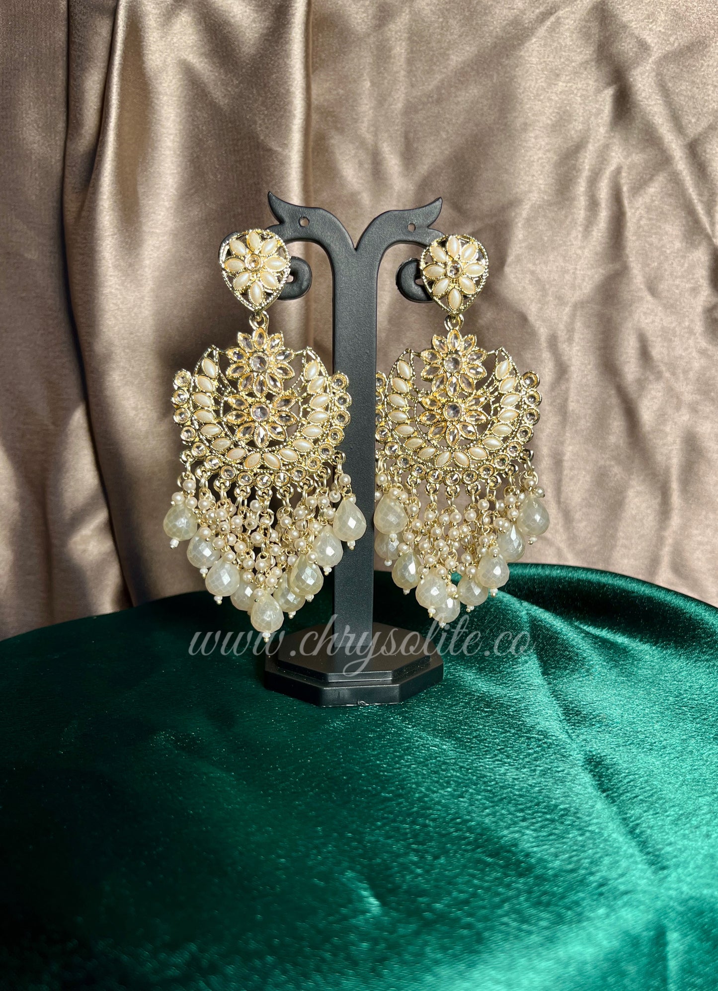 Ivory Kundan and Moti Long Earrings