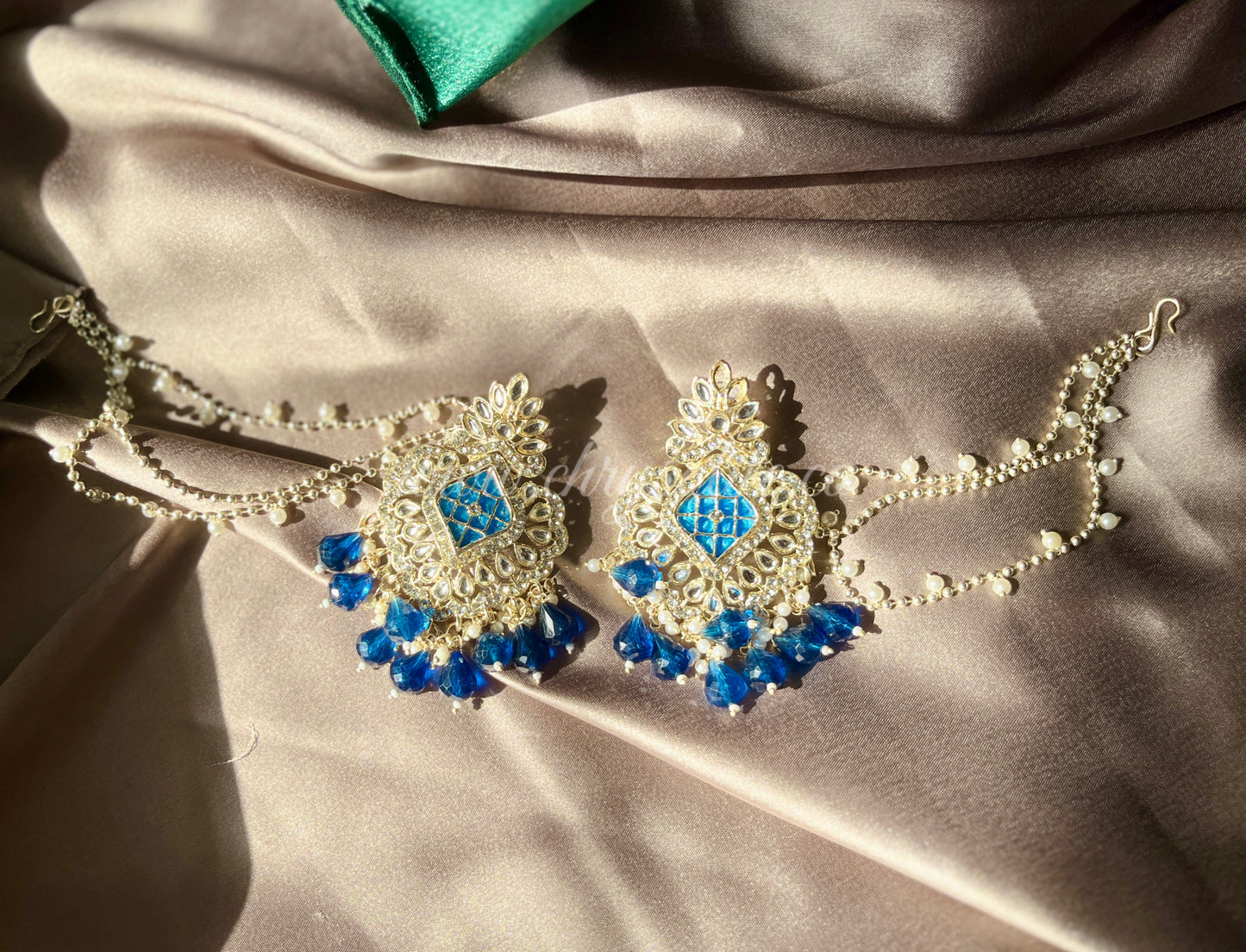 Blue Marble Kundan Earrings with Chains