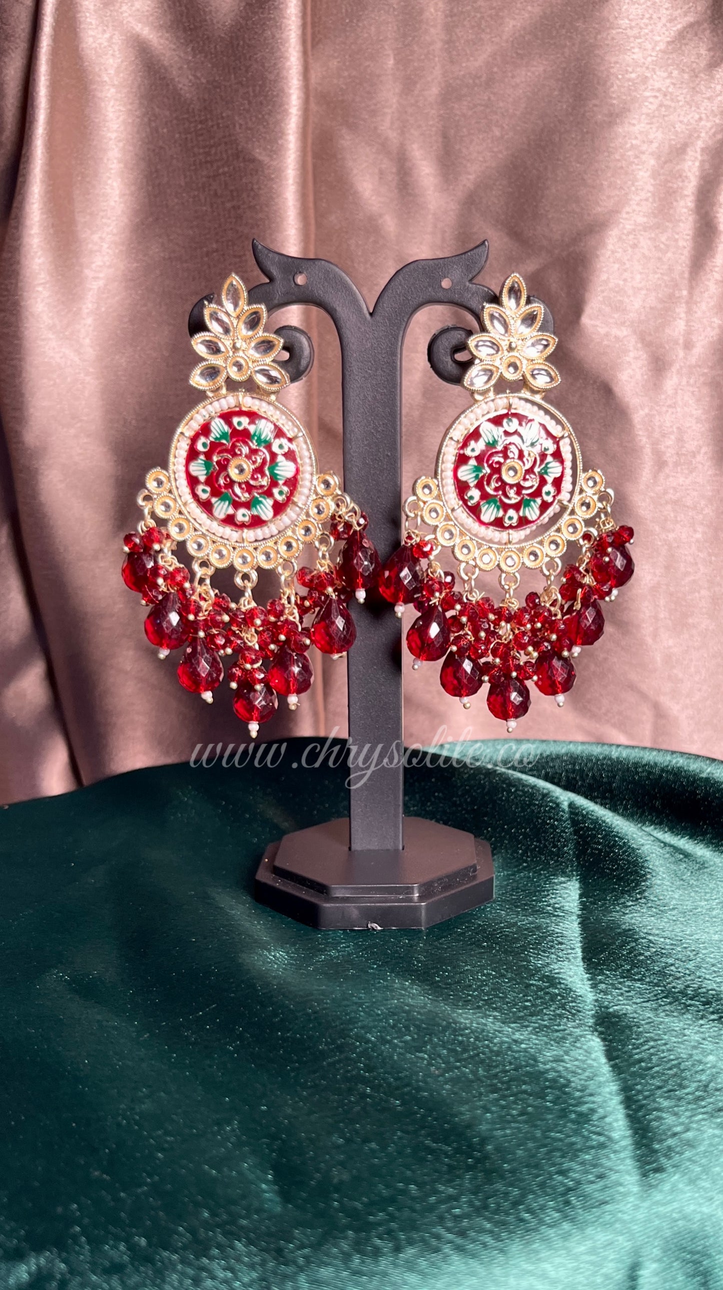 Red Beaded Circular Kundan Earrings