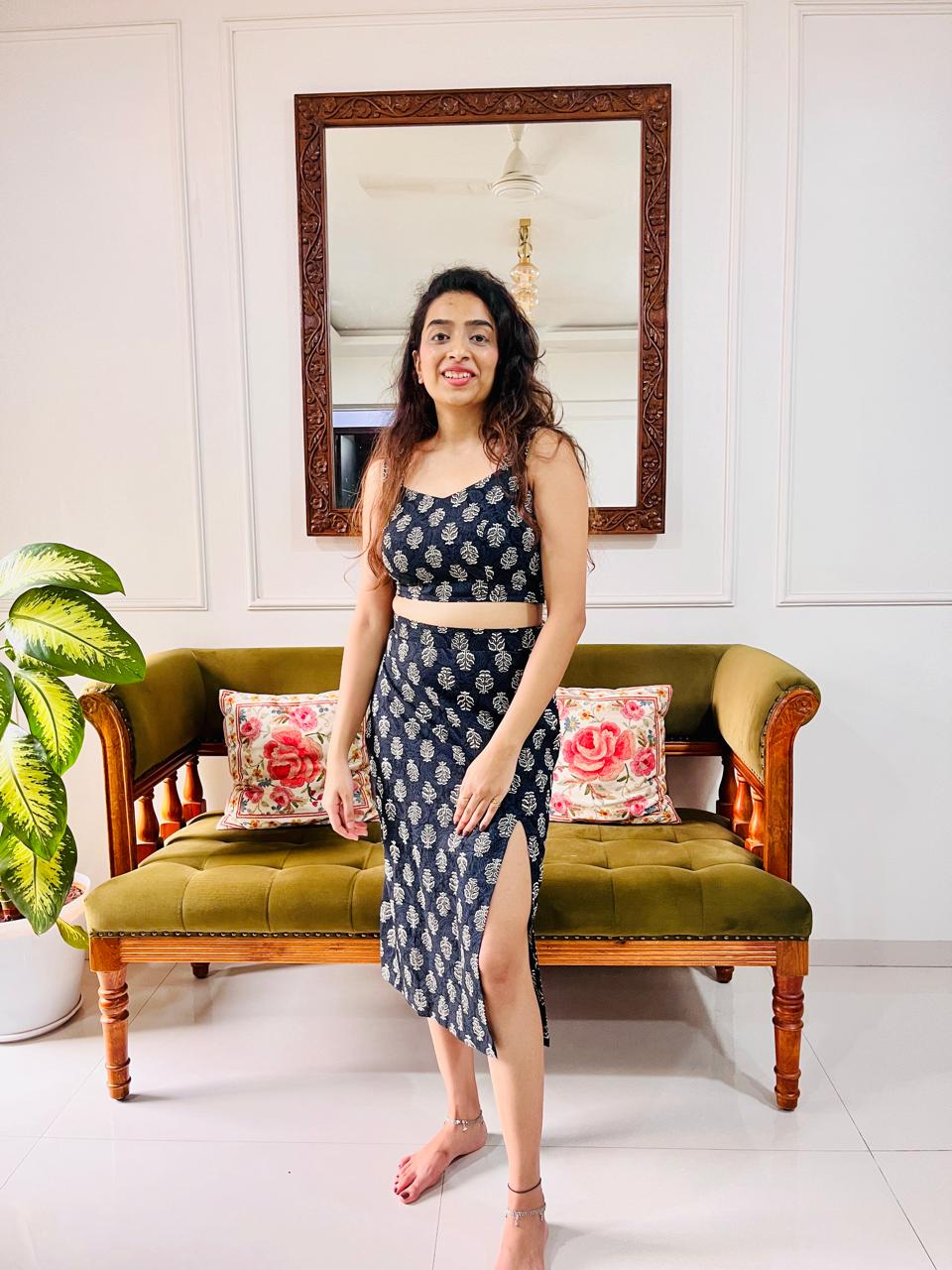 Printed Cotton Co-ord Set with Slit Skirt