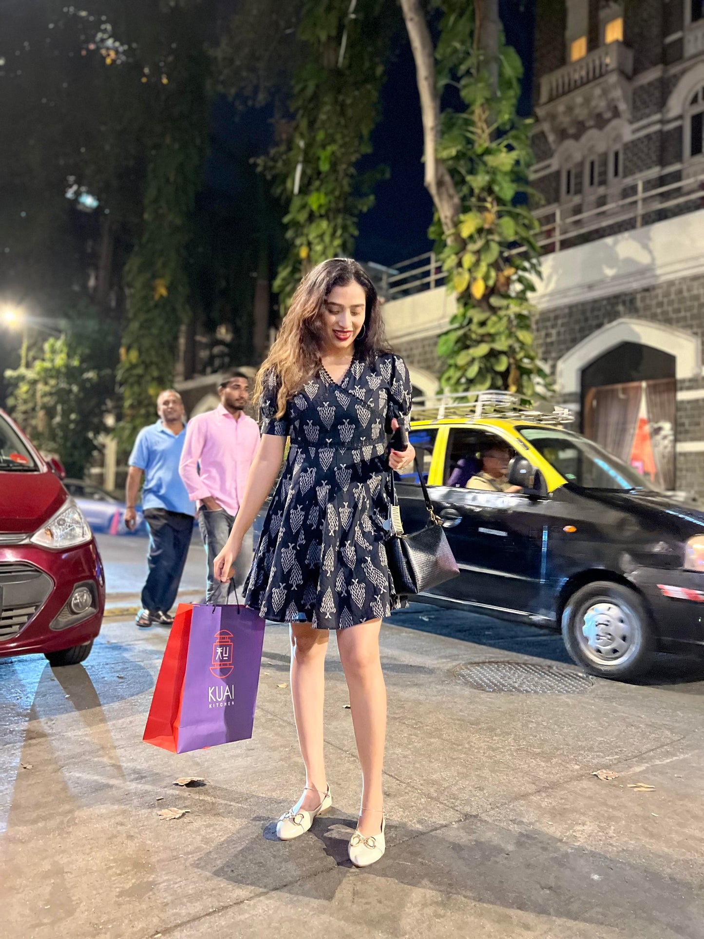 Block Print Puff Sleeves Mini Dress