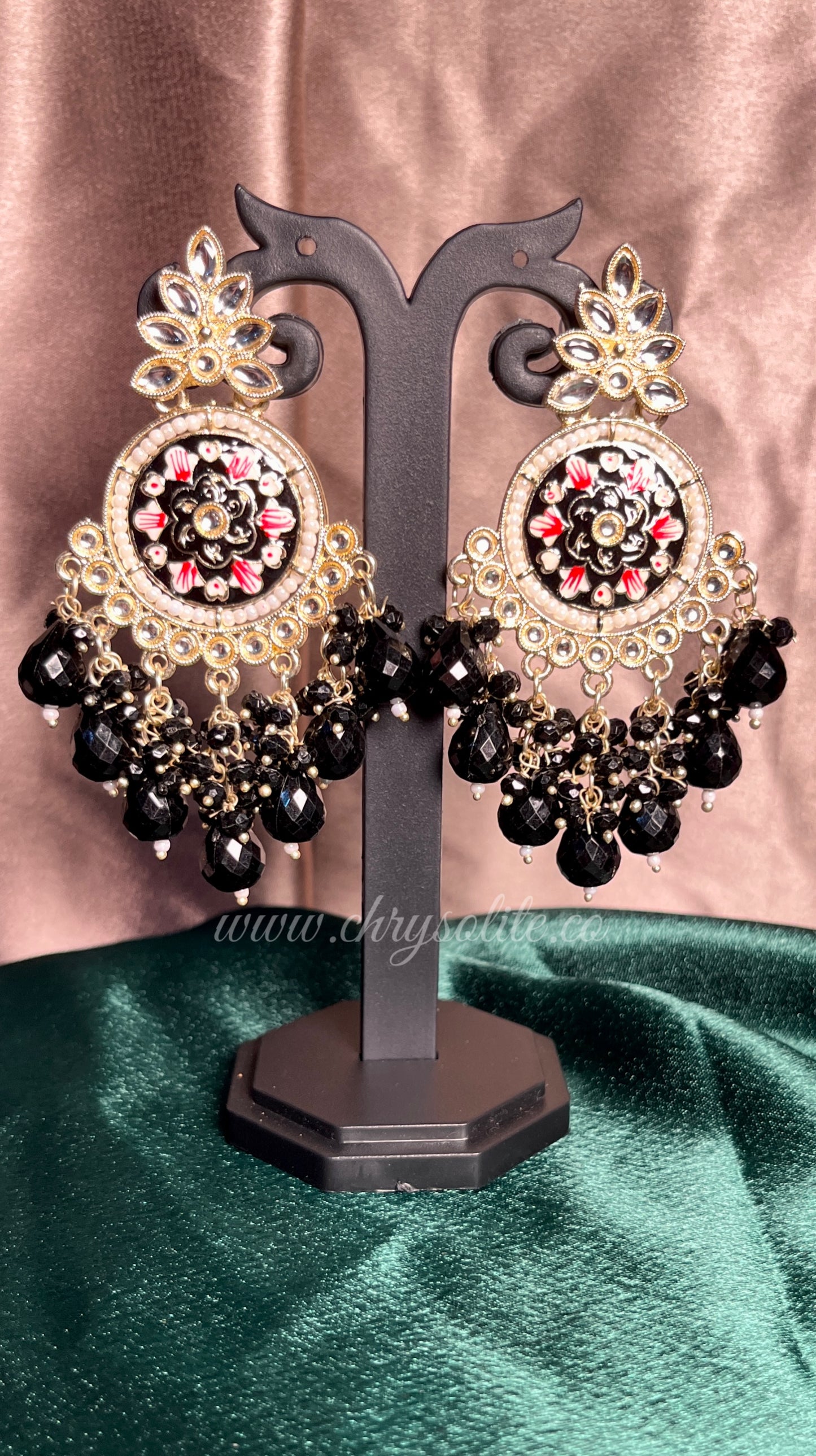Black Beaded Circular Kundan Earrings