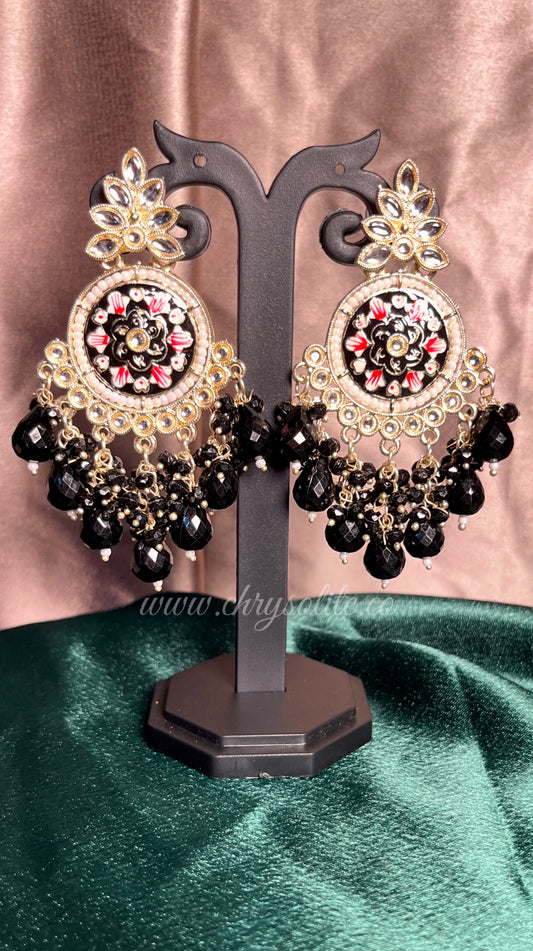 Black Beaded Circular Kundan Earrings
