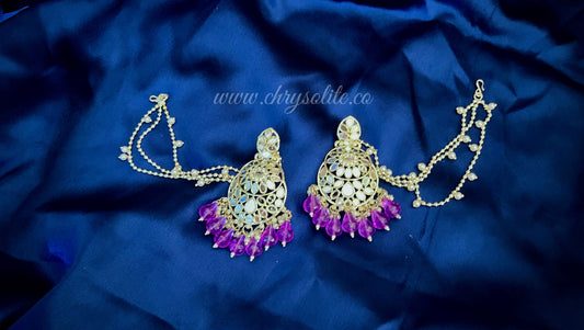 Purple Beaded Circular Kundan Earrings with Chains