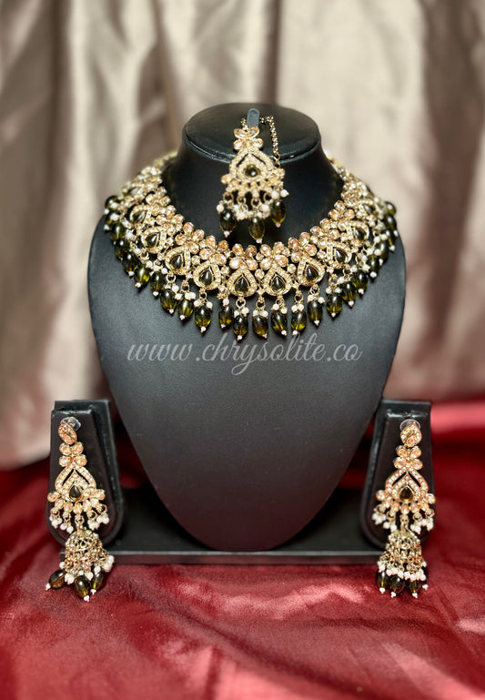 Emerald Beads with Copper Shade Kundan with Long Jhumkas and Mangtika Set
