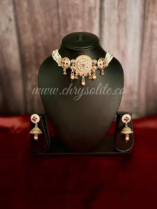 Royal Minakari Design White and Ruby Kundan and Moti  Rajasthani Necklace Set with Jhumkas