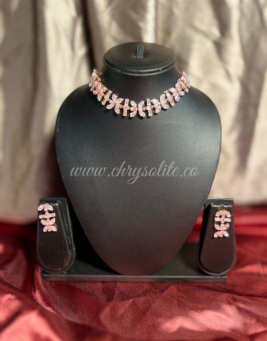 Rose Gold Flower Designer Necklace with Earrings