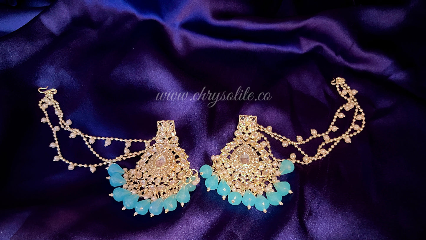Sky Blue Beaded Kundan Earrings with Chain