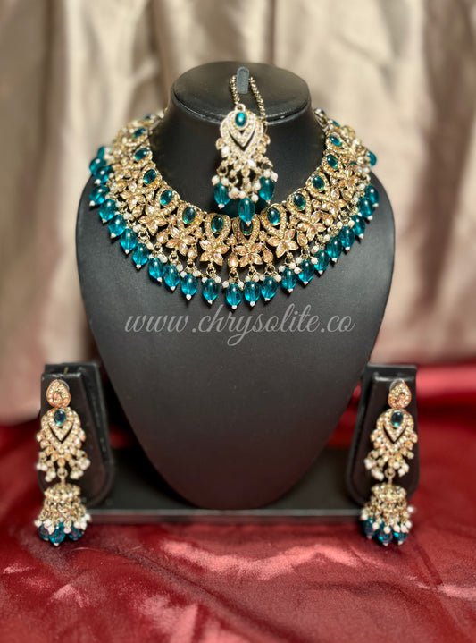Teal Beads with Copper Tone Kundan Necklace with Long Jhumkas and Mangtika