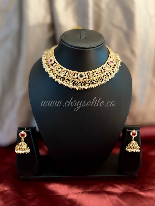 Traditional Marathi Antique Necklace with Jhumkas