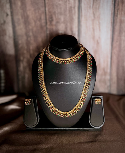 Marathi Saaz Gold Choker with Necklace and Stud Earrings with Ruby and Emerald Stones