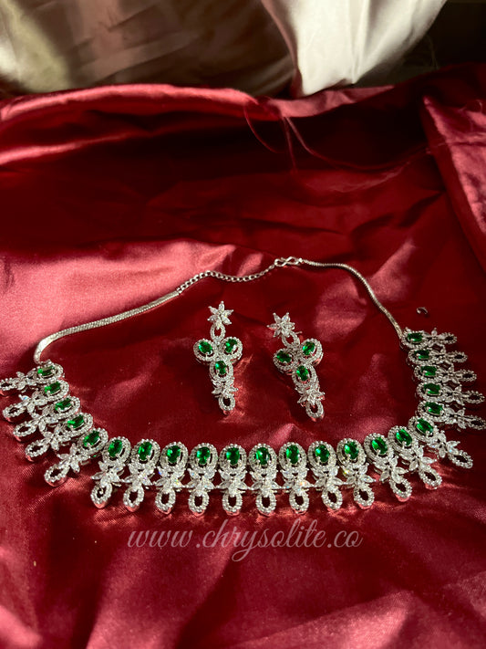 Emerald Stone American Diamond Choker with Earrings