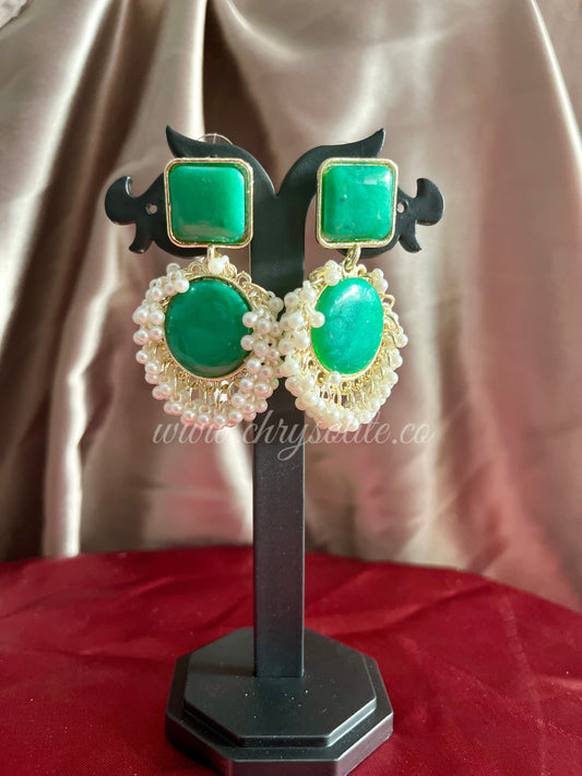 Emerald Stone Moti Imitation Earrings
