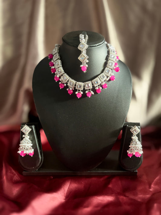 Mirror Stone Fuschia Pink Beaded Necklace with Jhumkas