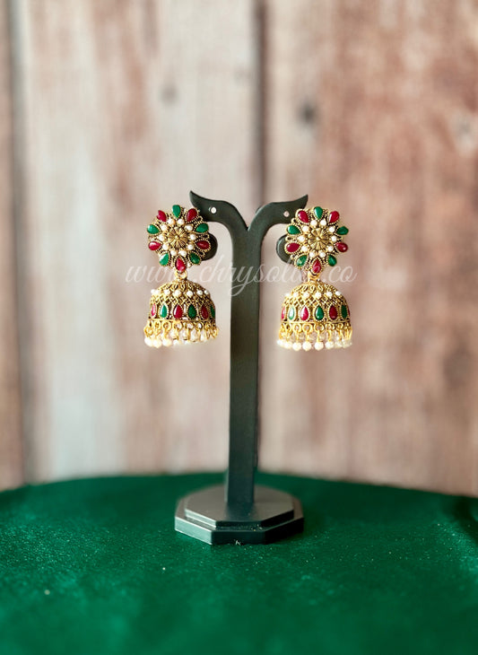 Red Green stones Moti Imitation Gold Mini Jhumkas
