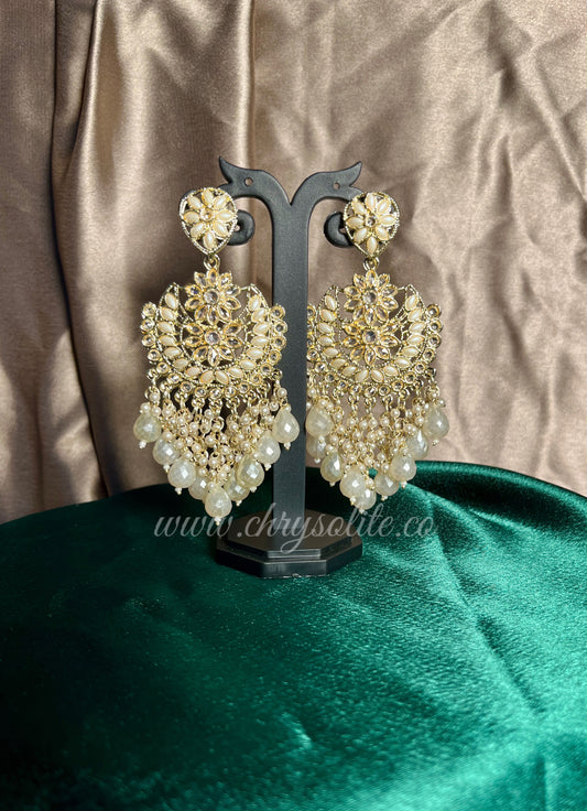 Ivory Kundan and Moti Long Earrings