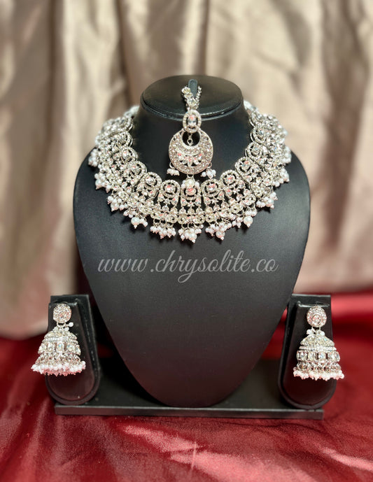 Sterling Silver Kundan Necklace Set with Jhumkas and Mangtika