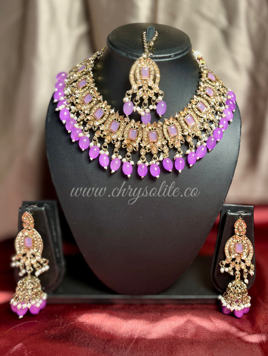 Lilac Beads with Copper Shade Kundan Necklace with Long Jhumkas and Mangtika
