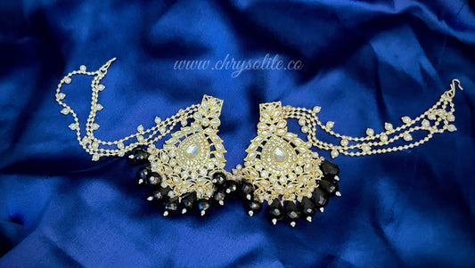 Black Beaded Kundan Earrings with Chains