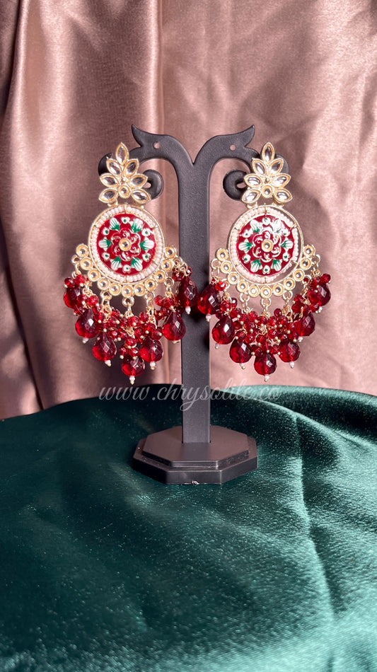 Red Beaded Circular Kundan Earrings