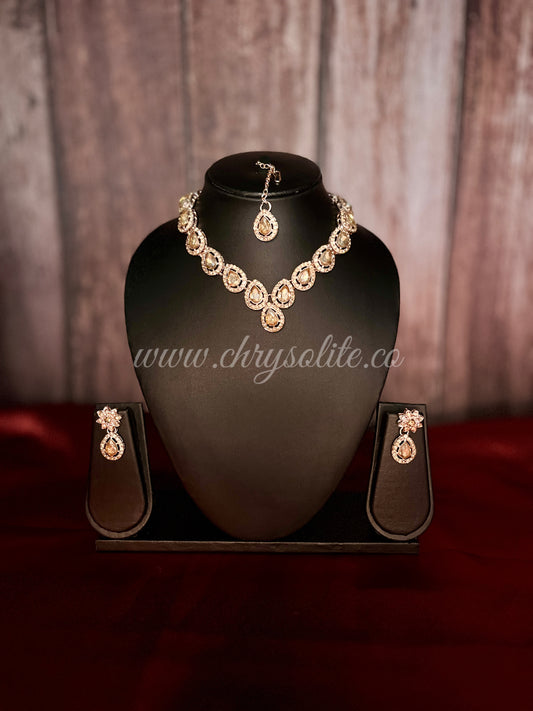 Tear Shaped Kundan Copperish Gold Necklace Set with Earrings and Mang Tikka